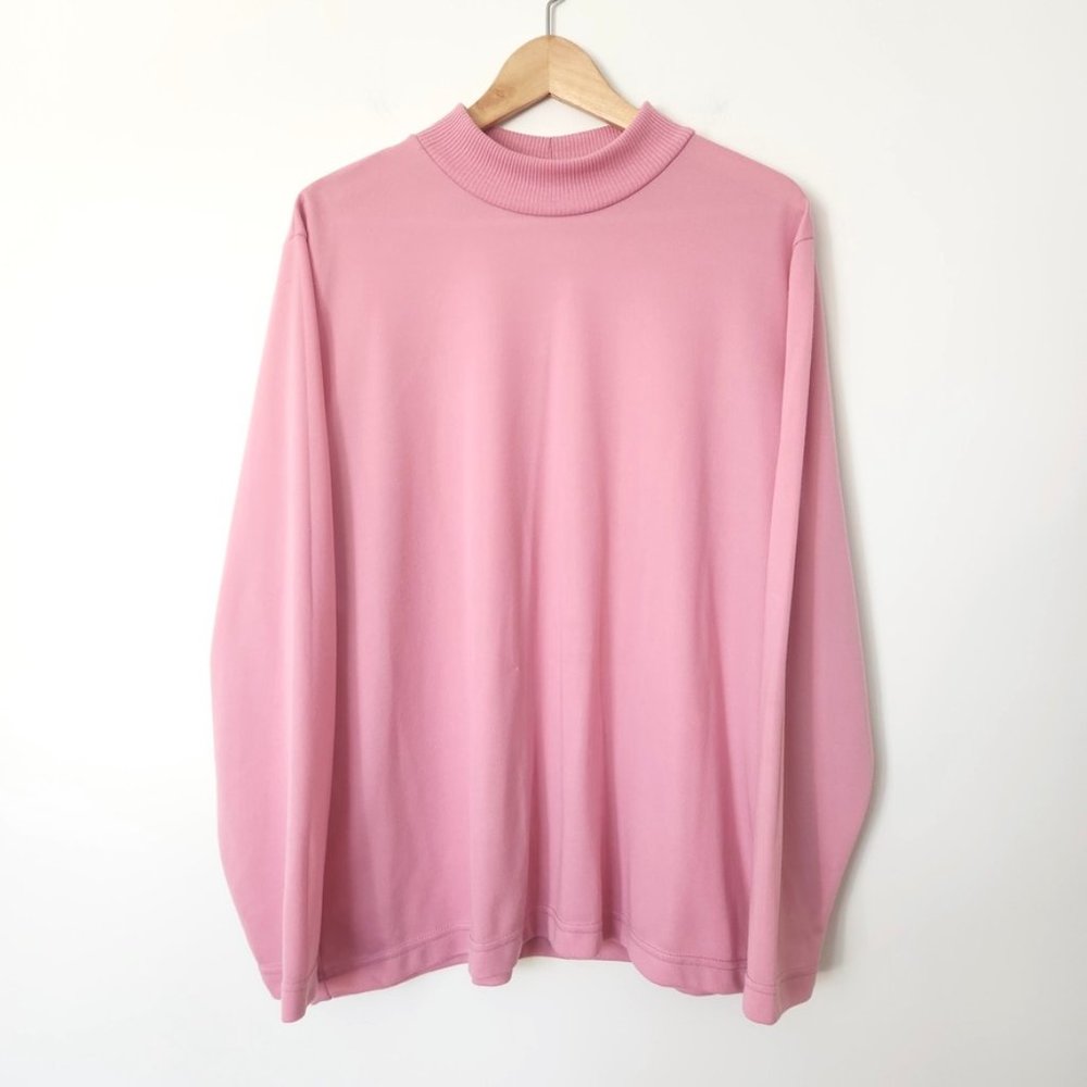 Vintage Pink Haband Mock Neck Long Sleeve Shirt XL Ribbed Detail Barbiecore